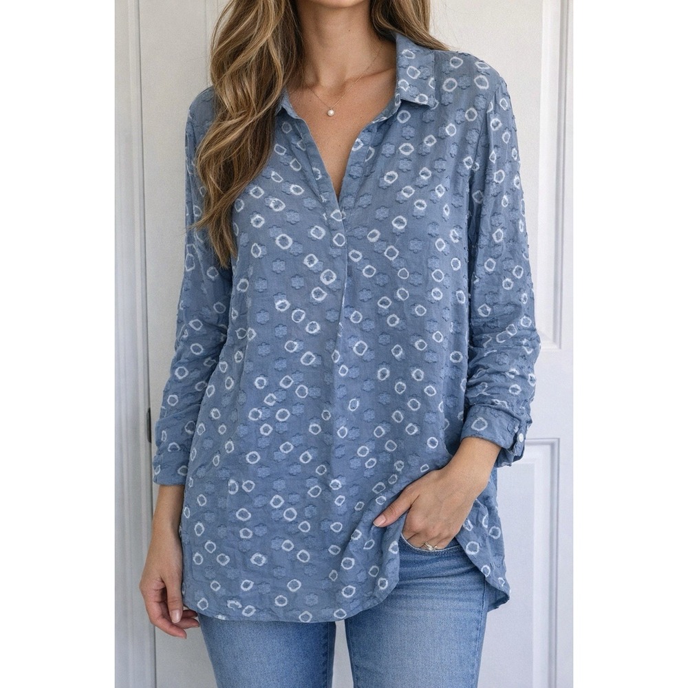 NWT J JILL PURE JILL BANDHANI POPOVER COTTON M BLUE V NECK PLEAT LONG SLEEVE